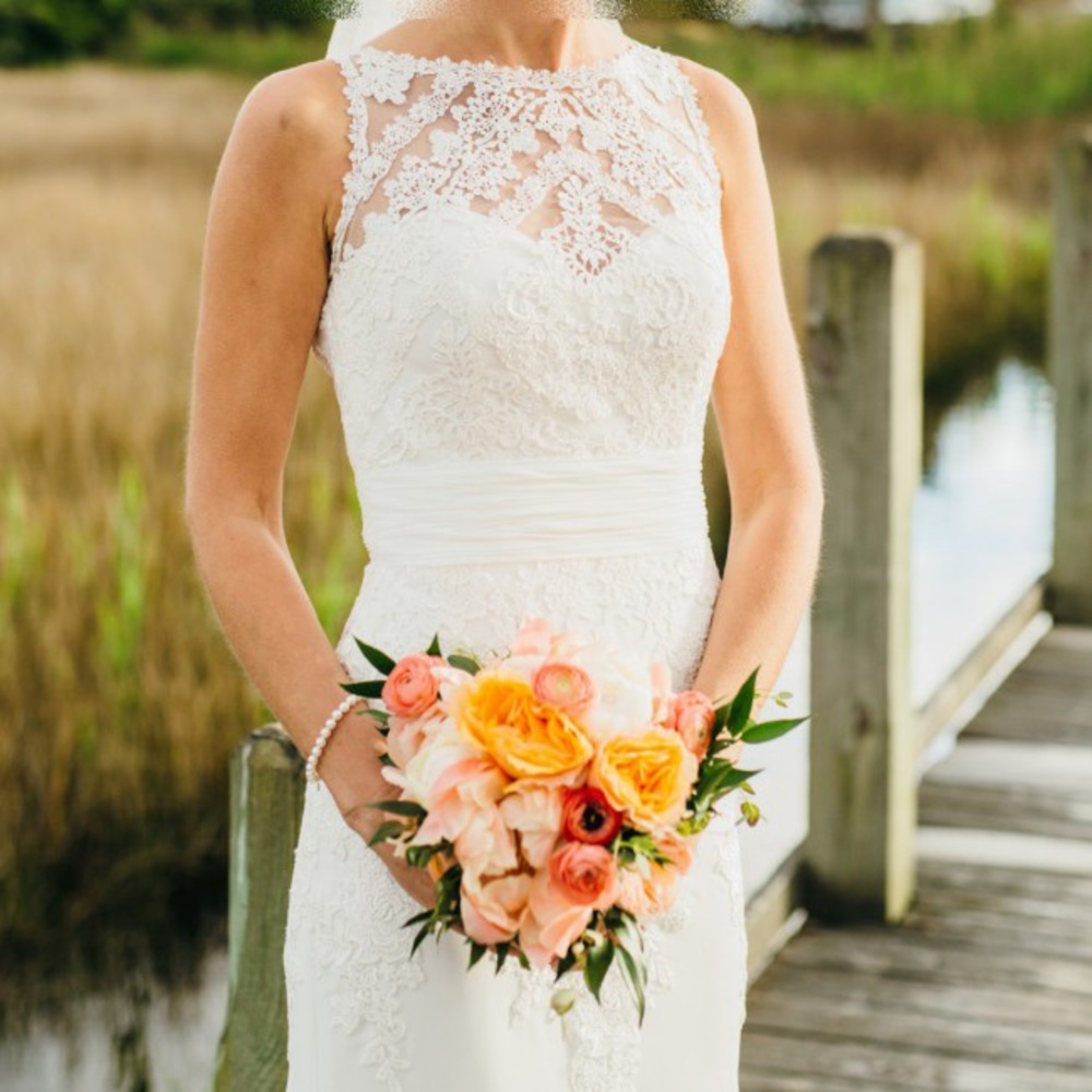 Pronovias sheath boat neck keyhole wedding dress